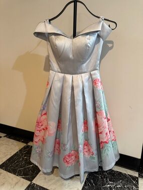 Chi Chi London Silver Floral Off Shoulder Fit & Flare Dress Petite 0-2 Princess